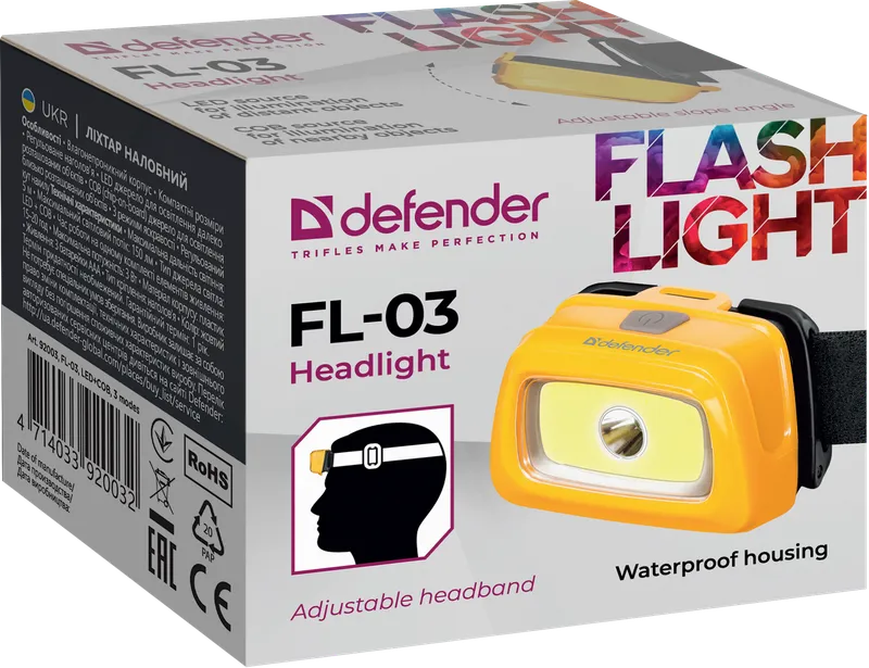 Defender - Фонарь налобный FL-03, LED+COB, 3 режима